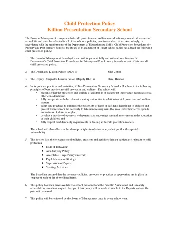 Child Protection Policy  Killina Presentation Secondary School  The Board of Management recognises