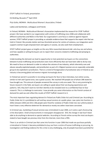 STOP  Traffick!  In  Finland,  presentation   EU  Briefing,  Brussels  2 nd