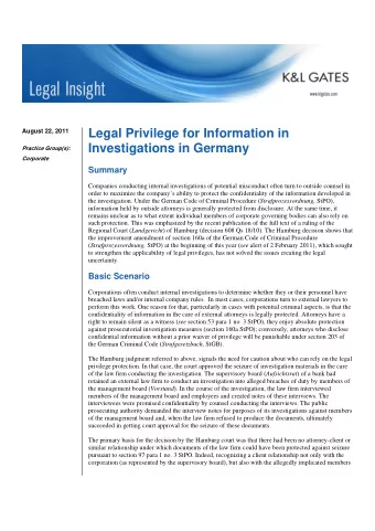 Legal Privilege for Information in  August 22, 2011  Investigations in Germany  Practice Group(s):