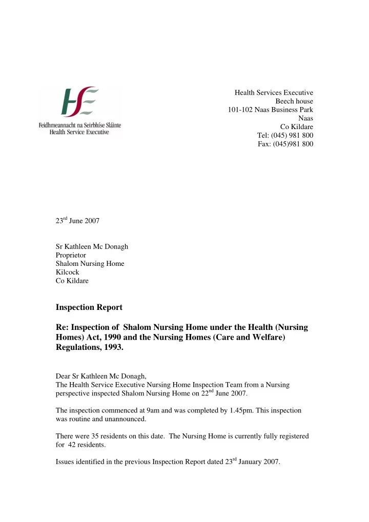 inspection report re inspection of shalom nursing home