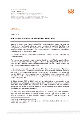 ASX Release  3 July 2007  ALINTA SCHEME DOCUMENTS REGISTERED WITH ASIC  Babcock &amp; Brown Wind