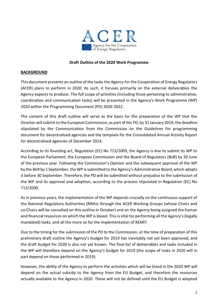 draft outline of the 2020 work programme background this