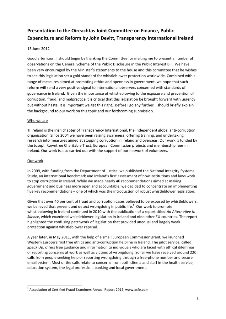 presentation to the oireachtas joint committee on finance