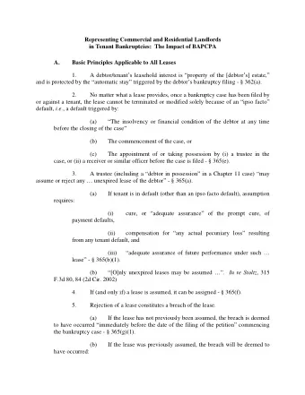 Representing Commercial and Residential Landlords in Tenant Bankruptcies:  The Impact of BAPCPA A.