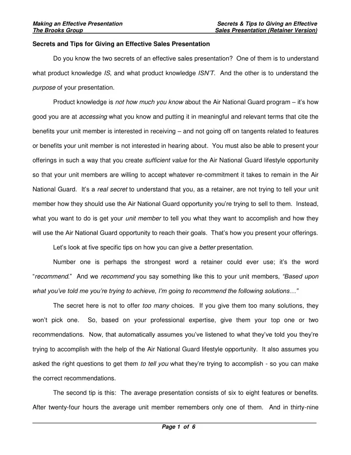 page 1 of 6 making an effective presentation secrets tips