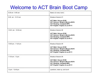 Welcome to ACT Brain Boot Camp  9:30 am - 9:45 am  Basics (in every room)  9:45  am - 10:15 am