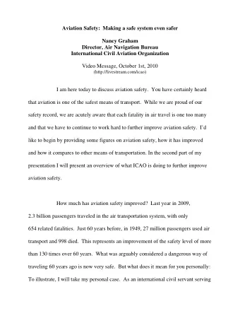 Aviation Safety:  Making a safe system even safer  Nancy Graham  Director, Air Navigation Bureau