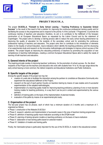 PROJECT DI.SCOL.A. The project DI.SCOL.A. Farewell to Early School Leaving  Teaching