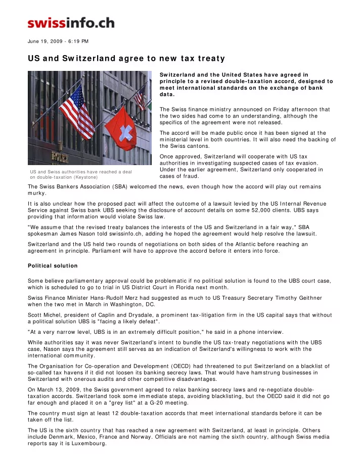 us and sw itzerland agree to new tax treaty