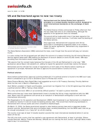 US and Sw itzerland agree to new  tax treaty  Sw itzerland and the United States have agreed in