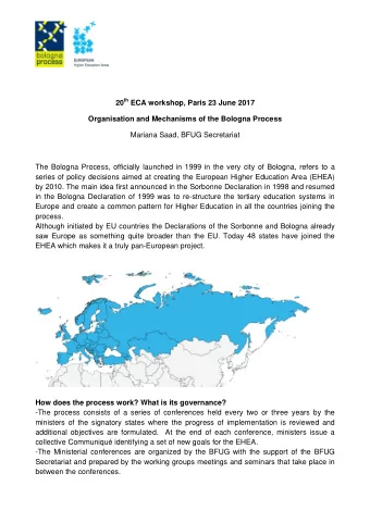 20 th ECA workshop, Paris 23 June 2017  Organisation and Mechanisms of the Bologna Process  Mariana