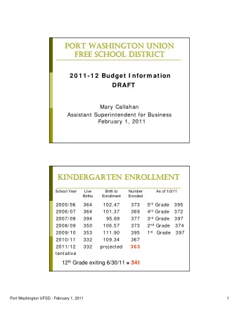 KINDERGARTEN ENROLLMENT  KINDERGARTEN ENROLLMENT  School Year  Live  Birth to  Number  As of 1/3/11
