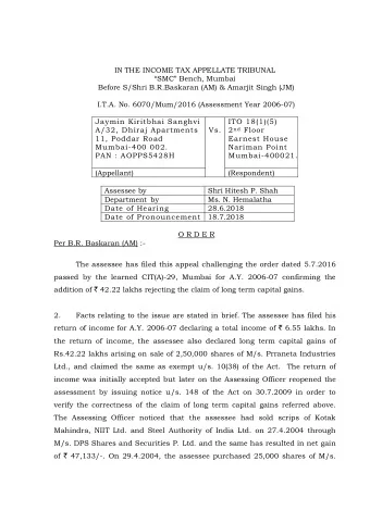 IN THE INCOME TAX APPELLATE TRIBUNAL  SMC Bench, Mumbai  Before S/Shri B.R.Baskaran (AM)