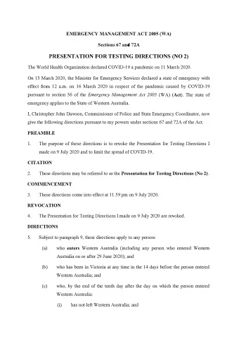 PRESENTATION FOR TESTING DIRECTIONS (NO 2)  The World Health Organization declared COVID-19 a