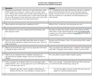 Question  Answer  1  Regarding spousal benefits:  My wife is 63 and could claim a small  Yes.