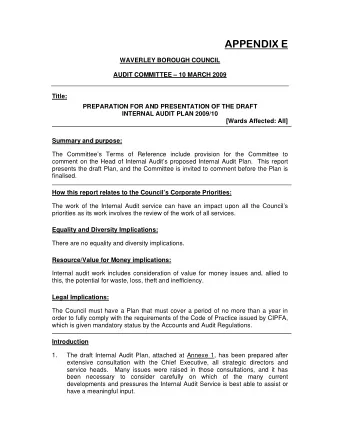 APPENDIX E  WAVERLEY BOROUGH COUNCIL  AUDIT COMMITTEE  10 MARCH 2009  Title:  PREPARATION FOR