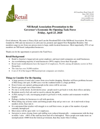NH Retail Association Presentation to the Governors Economic Re -Opening Task Force  Friday,