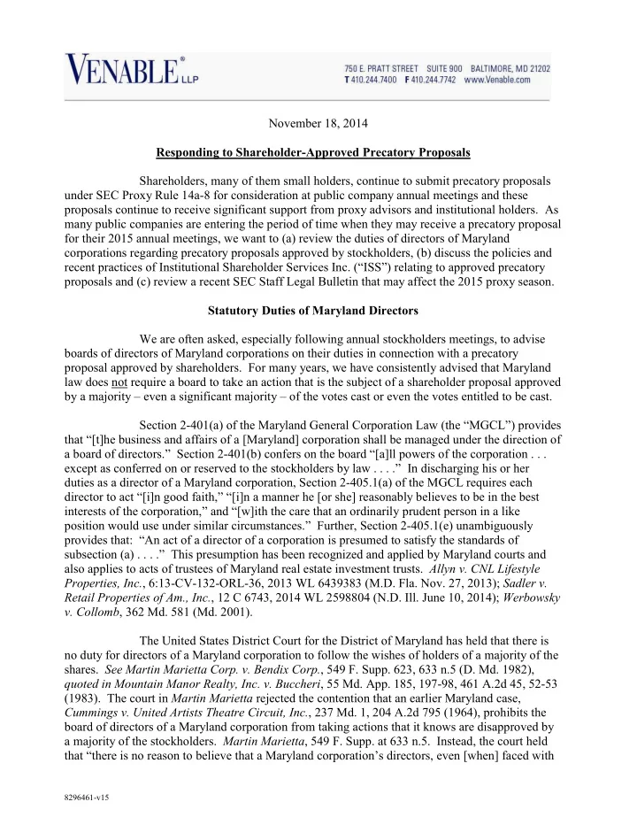 november 18 2014 responding to shareholder approved