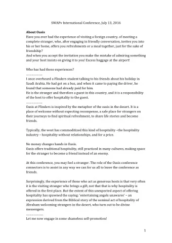 SWAPv International Conference, July 13, 2016  About Oasis  Have you ever had the experience of