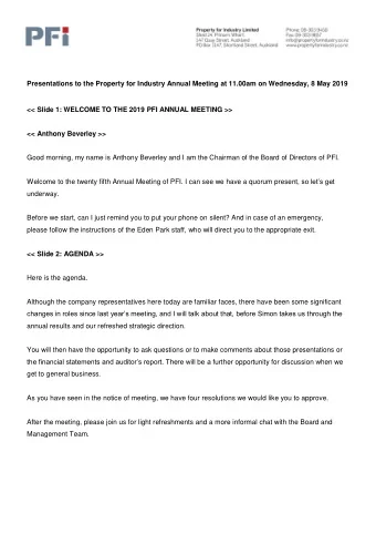 Presentations to the Property for Industry Annual Meeting at 11.00am on Wednesday, 8 May 2019