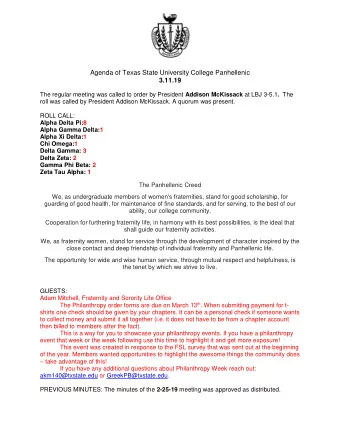 Agenda of Texas State University College Panhellenic  3.11.19 The regular meeting was called to