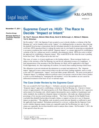 Supreme Court vs. HUD:  The Race to  November 17, 2011  Decide Impact or Intent  Practice