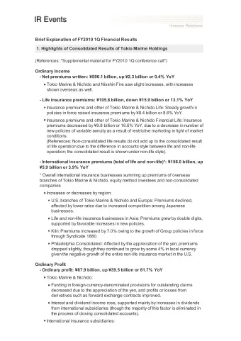 Brief Explanation of FY2010 1Q Financial Results  1. Highlights of Consolidated Results of Tokio