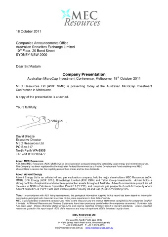 Company Presentation Australian MicroCap Investment Conference, Melbourne, 18 th October 2011  MEC