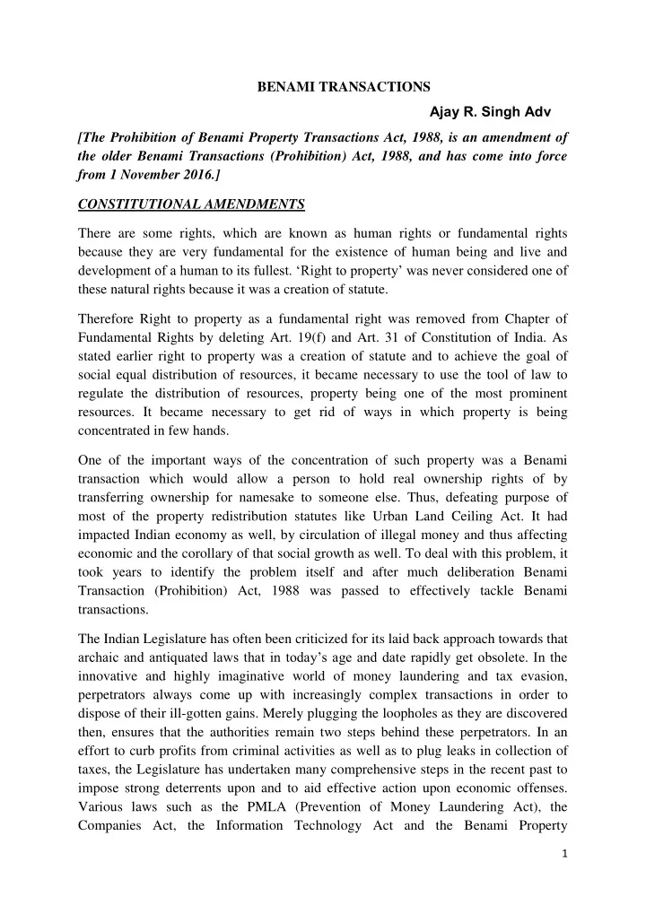 benami transactions ajay r singh adv the prohibition of