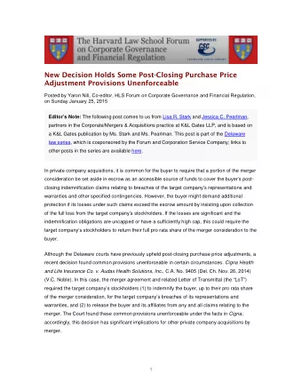 New Decision Holds Some Post-Closing Purchase Price  Adjustment Provisions Unenforceable  Posted by