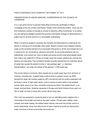 PRESENTATION OF MAUDE BARLOW, CHAIRPERSON OF THE COUNCIL OF  CANADIANS  It is a very great honour