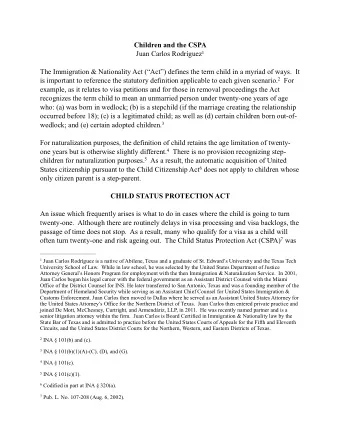 Children and the CSPA  Juan Carlos Rodrguez  1  The Immigration &amp; Nationality Act (Act)