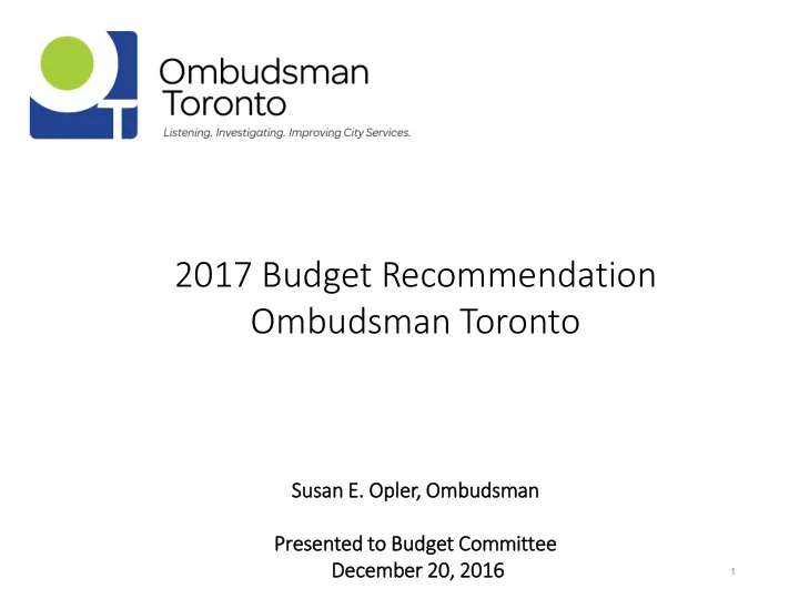 2017 budget recommendation ombudsman toronto