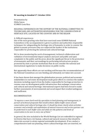 NC meeting in Istanbul 17. October 2016  Presentation by  Ofelia Sanou  ICOMOS Costa Rica  REGIONAL