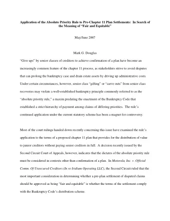 Application of the Absolute Priority Rule to Pre-Chapter 11 Plan Settlements:  In Search of  the