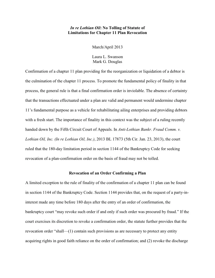 in re lothian oil no tolling of statute of limitations
