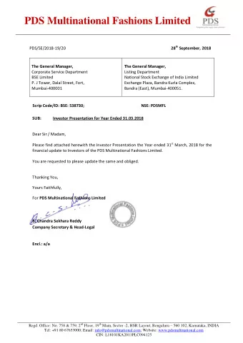 PDS Multinational Fashions Limited 28 th September, 2018  PDS/SE/2018-19/20 The General Manager,