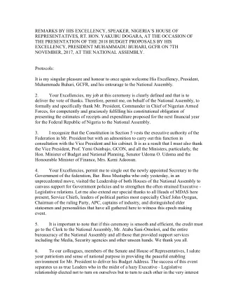 REMARKS BY HIS EXCELLENCY, SPEAKER, NIGERIAS HOUSE OF  REPRESENTATIVES, RT. HON. YAKUBU DOGARA,