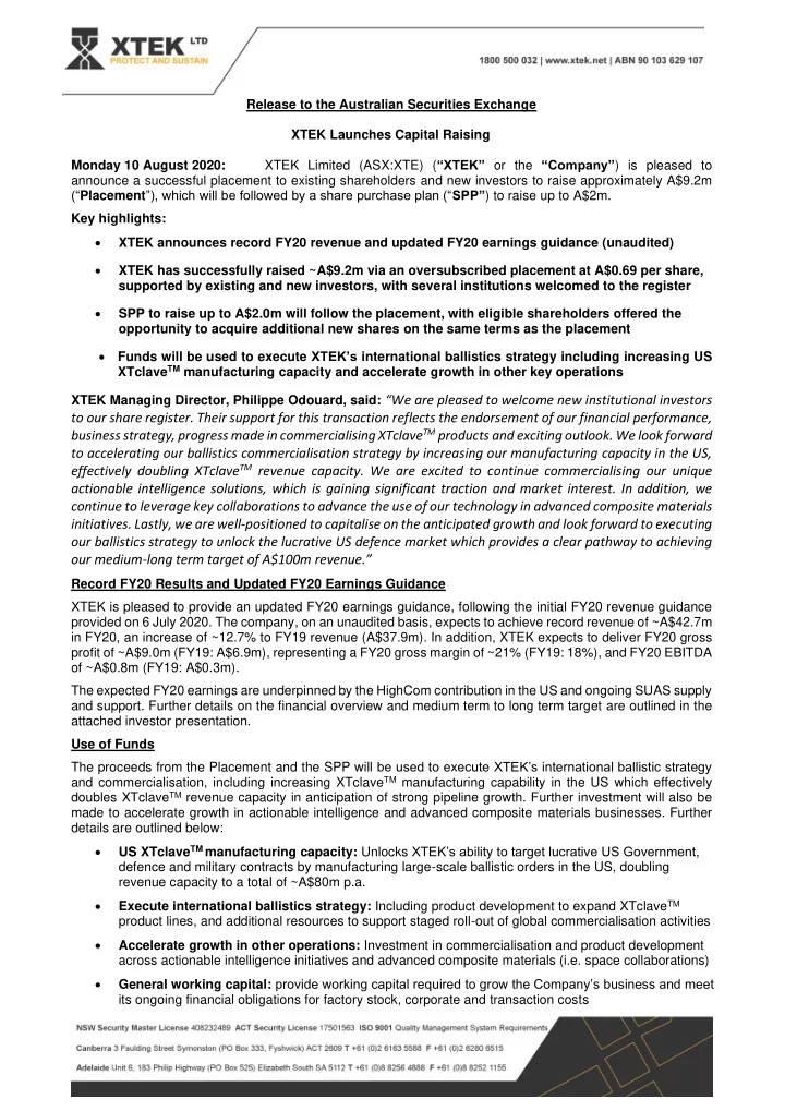release to the australian securities exchange xtek