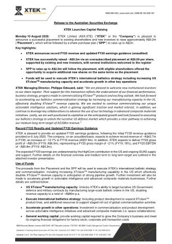 Release to the Australian Securities Exchange  XTEK Launches Capital Raising XTEK Limited (ASX:XTE)