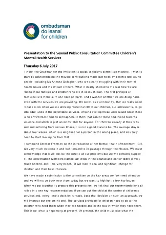 Presentation to the Seanad Public Consultation Committee Children's  Mental Health Services