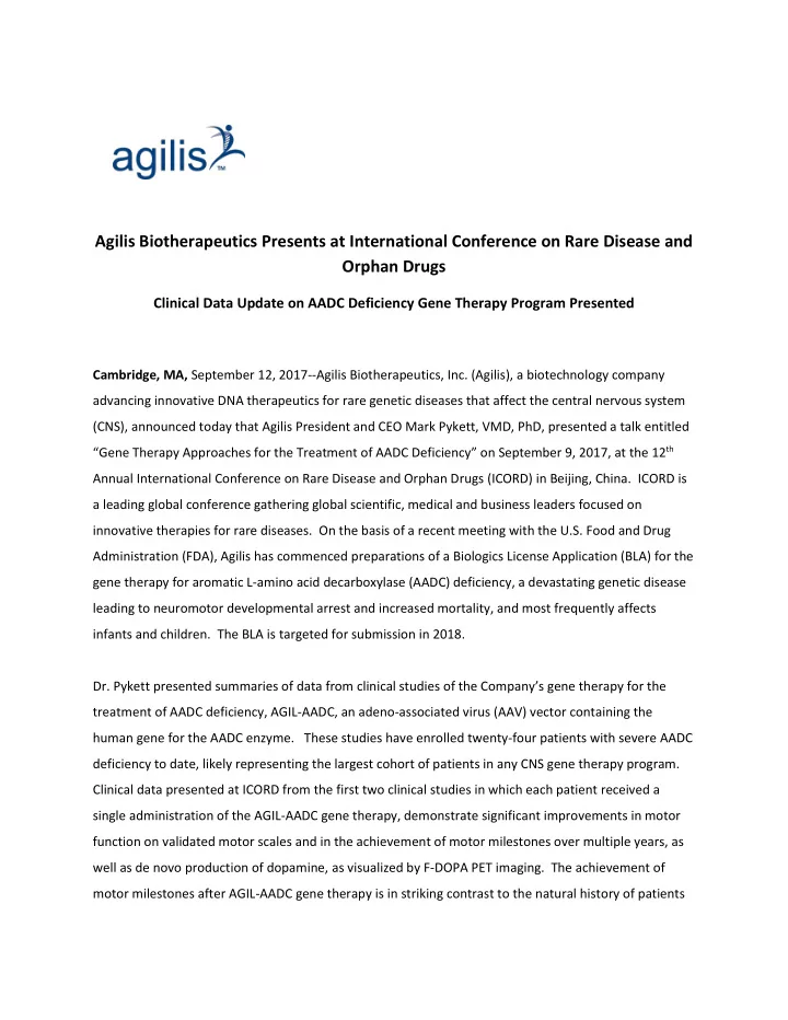 agilis biotherapeutics presents at international