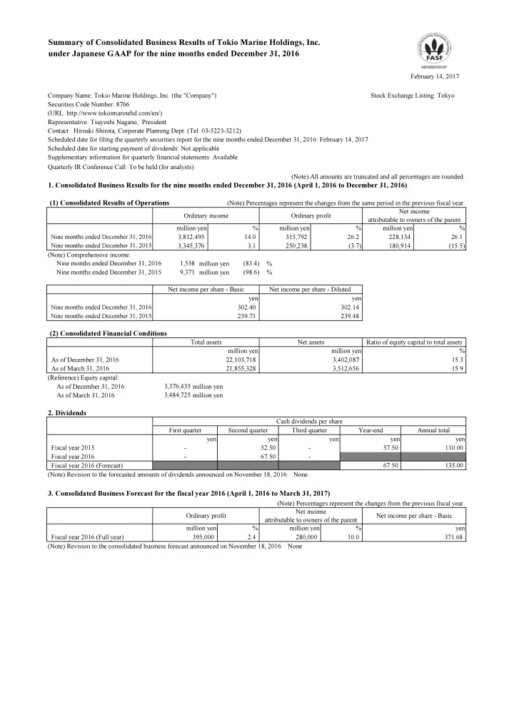 summary of consolidated business results of tokio marine