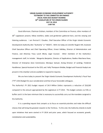 VIRGIN ISLANDS ECONOMIC DEVELOPMENT AUTHORITY  TESTIMONY TO THE COMMITTEE ON FINANCE  FISCAL YEAR