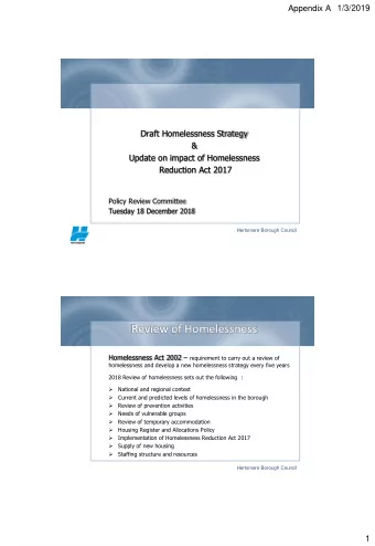 &amp;  Update on impact of Homelessness  Reduction Act 2017  Policy Review Committee  Tuesday 18