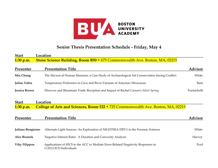 senior thesis presentation schedule friday may 4 start