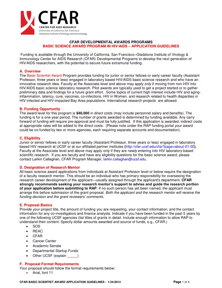 cfar developmental awards programs basic science award