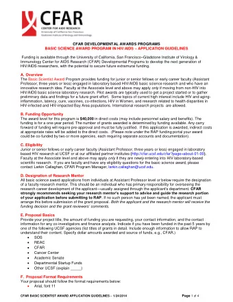 CFAR DEVELOPMENTAL AWARDS PROGRAMS BASIC SCIENCE AWARD PROGRAM IN HIV/AIDS  APPLICATION
