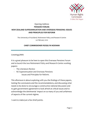 Opening Address  PENSION FORUM:  NEW ZEALAND SUPERANNUATION AND OVERSEAS PENSIONS: ISSUES  AND