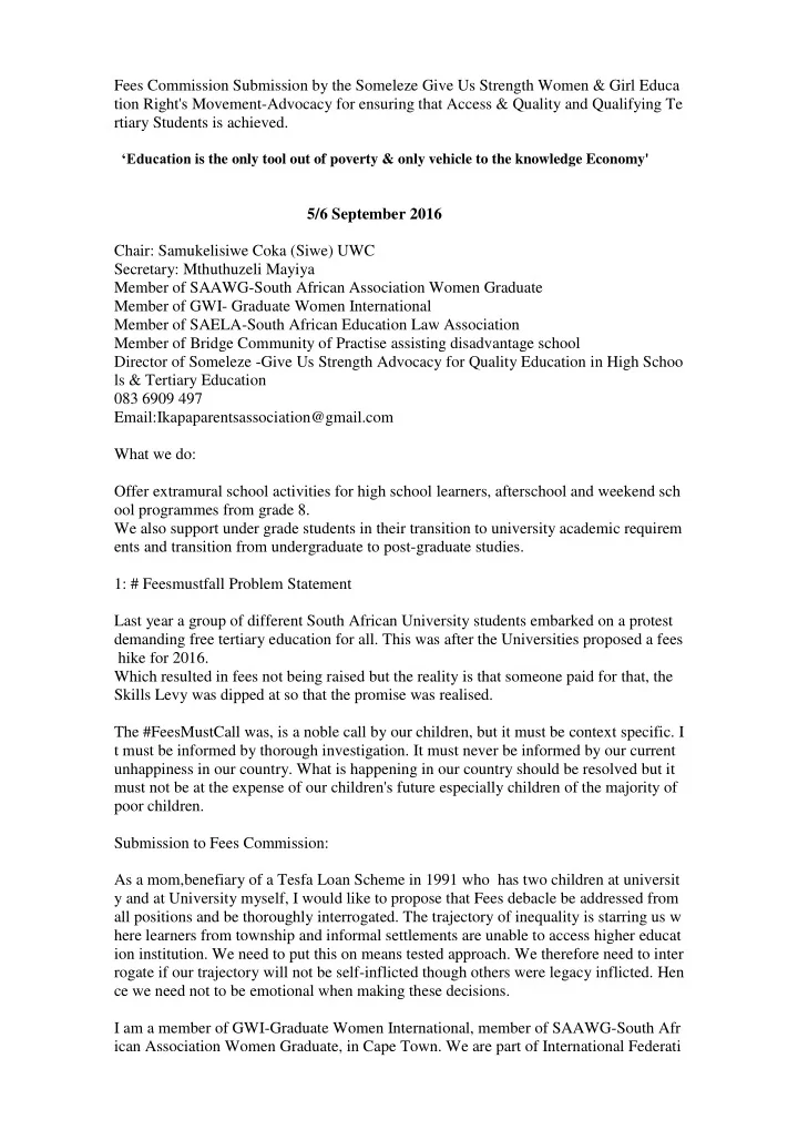 fees commission submission by the someleze give us